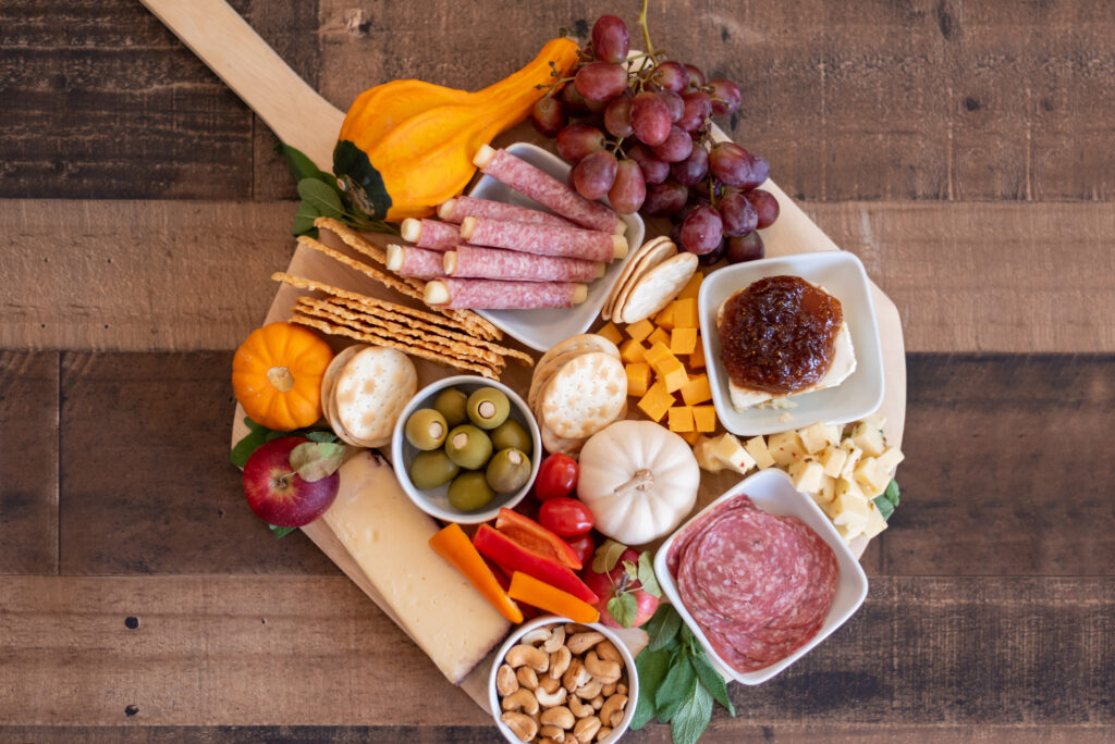 Fall theme charcuterie board for holiday entertaining